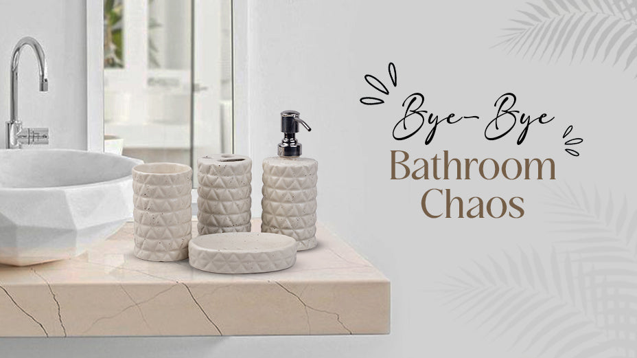 Bathroom vanity setup featuring modern beige ceramic accessories with 'Bye-Bye Bathroom Chaos' text overlay