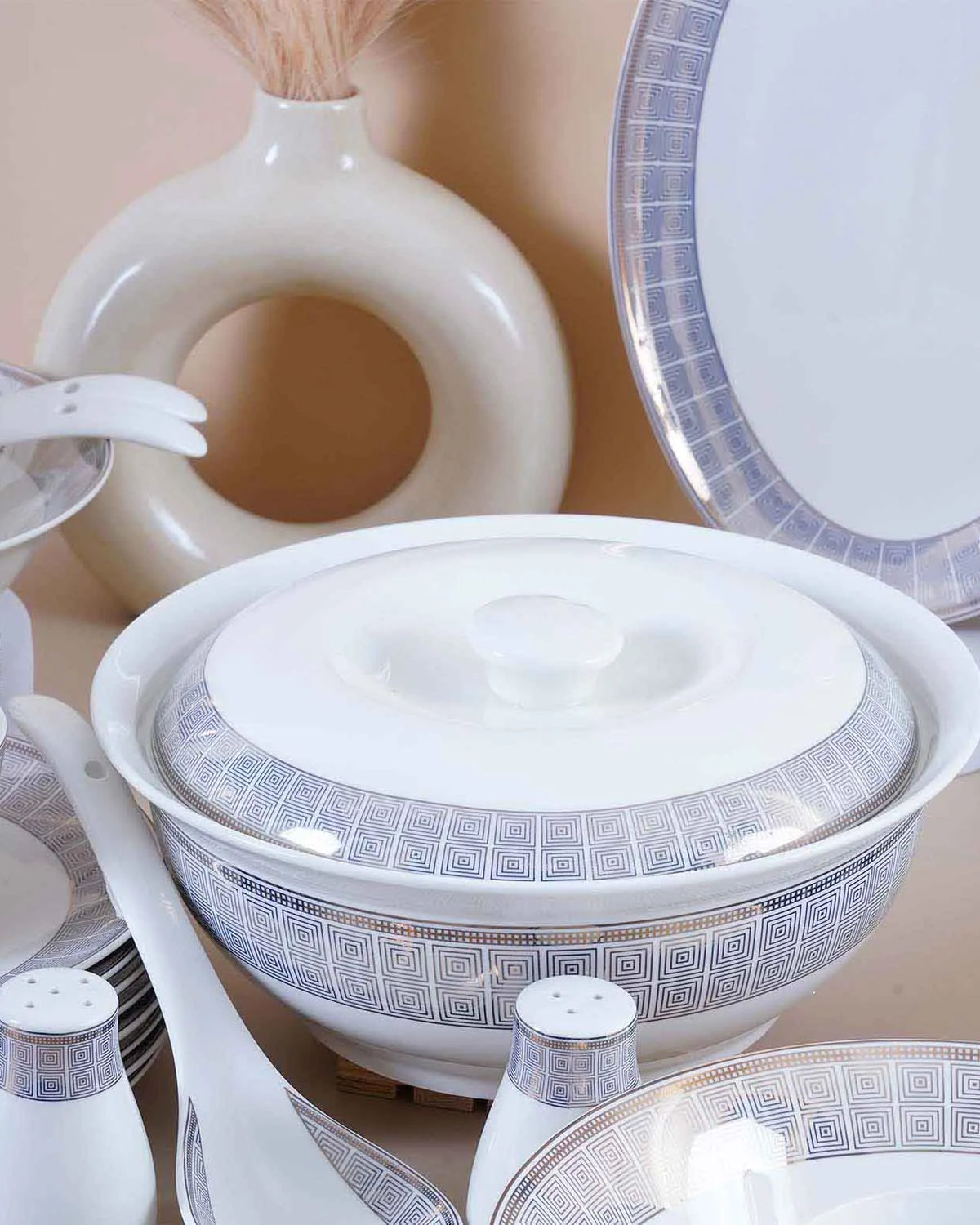51 piece white and blue ceramic dinner set