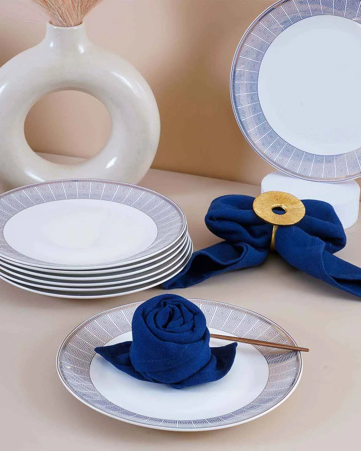 Complete white and blue dinnerware collection