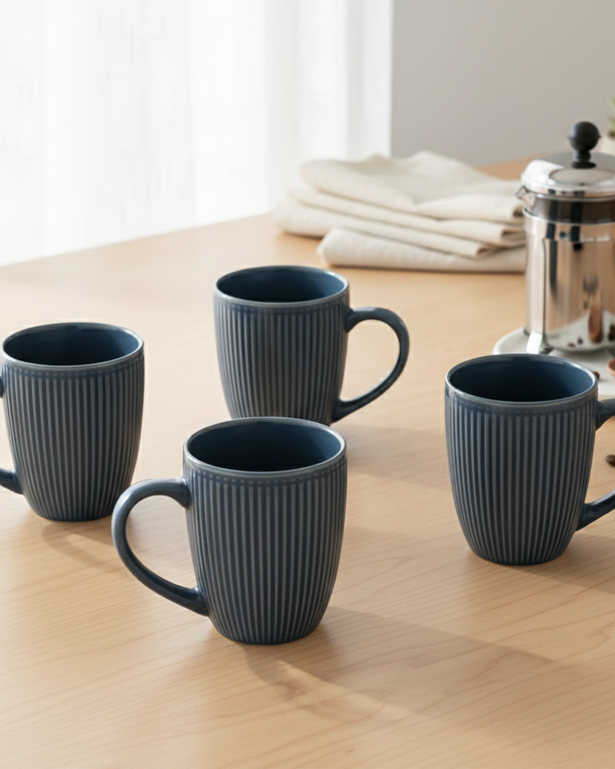 Aegean Blue Striped Ceramic Coffee Mug Set of 4