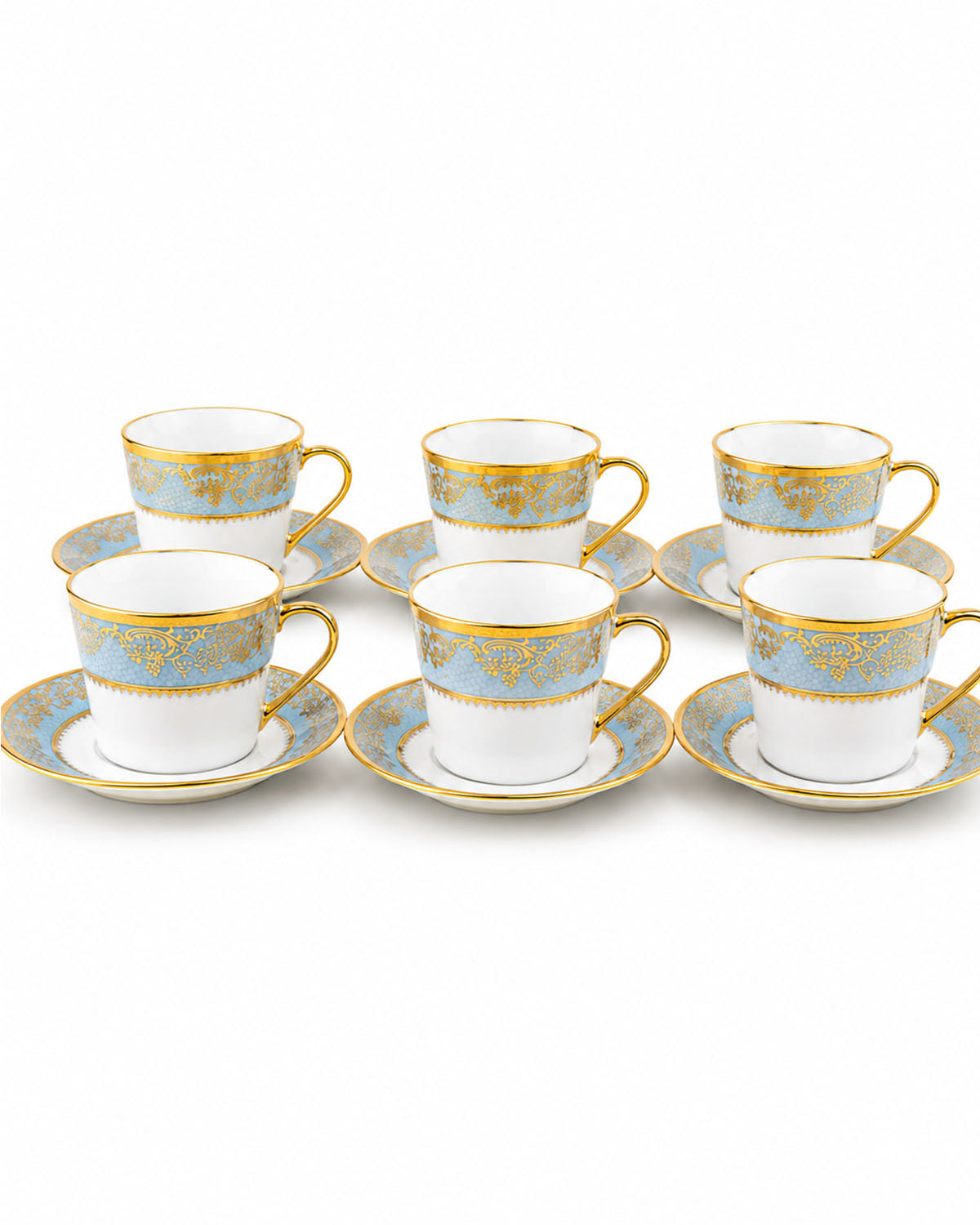 Amora set of six gold tea cups arranged for a sophisticated table setting