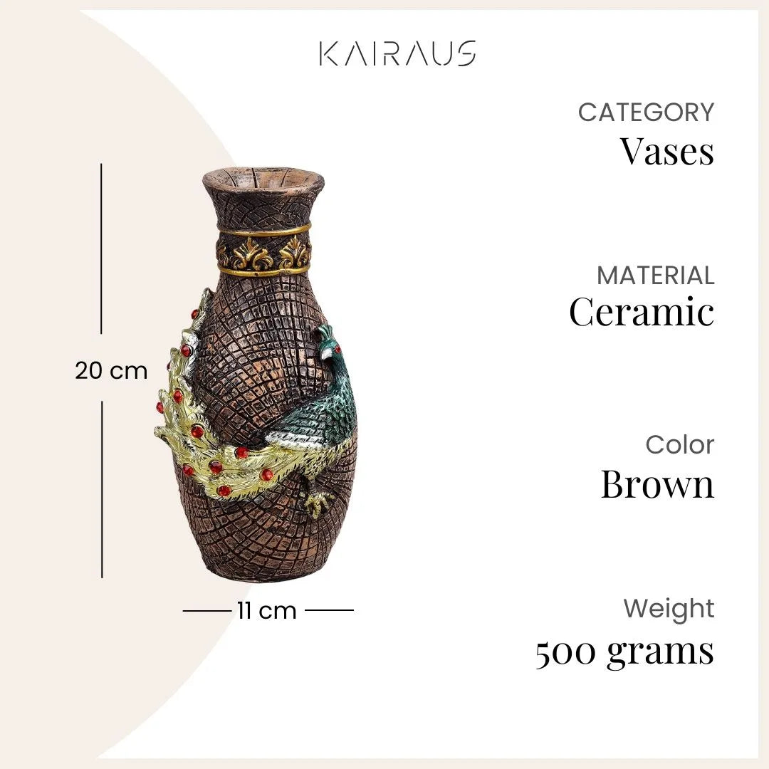 Decorative antique vase with ornate peacock artwork