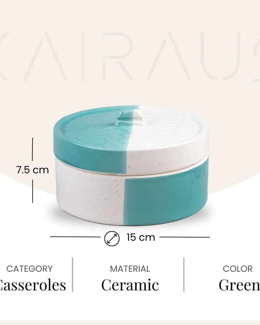 Decorative aqua ceramic casserole dish with lid