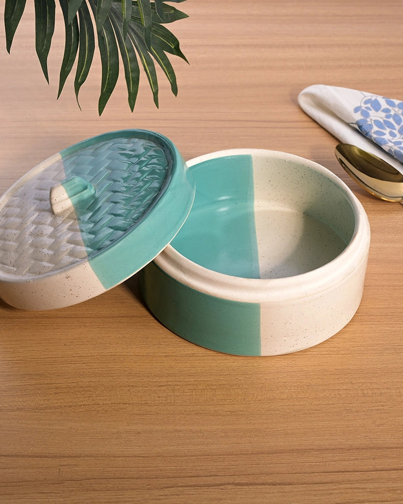 Stylish aqua casserole dish for serving hot meals