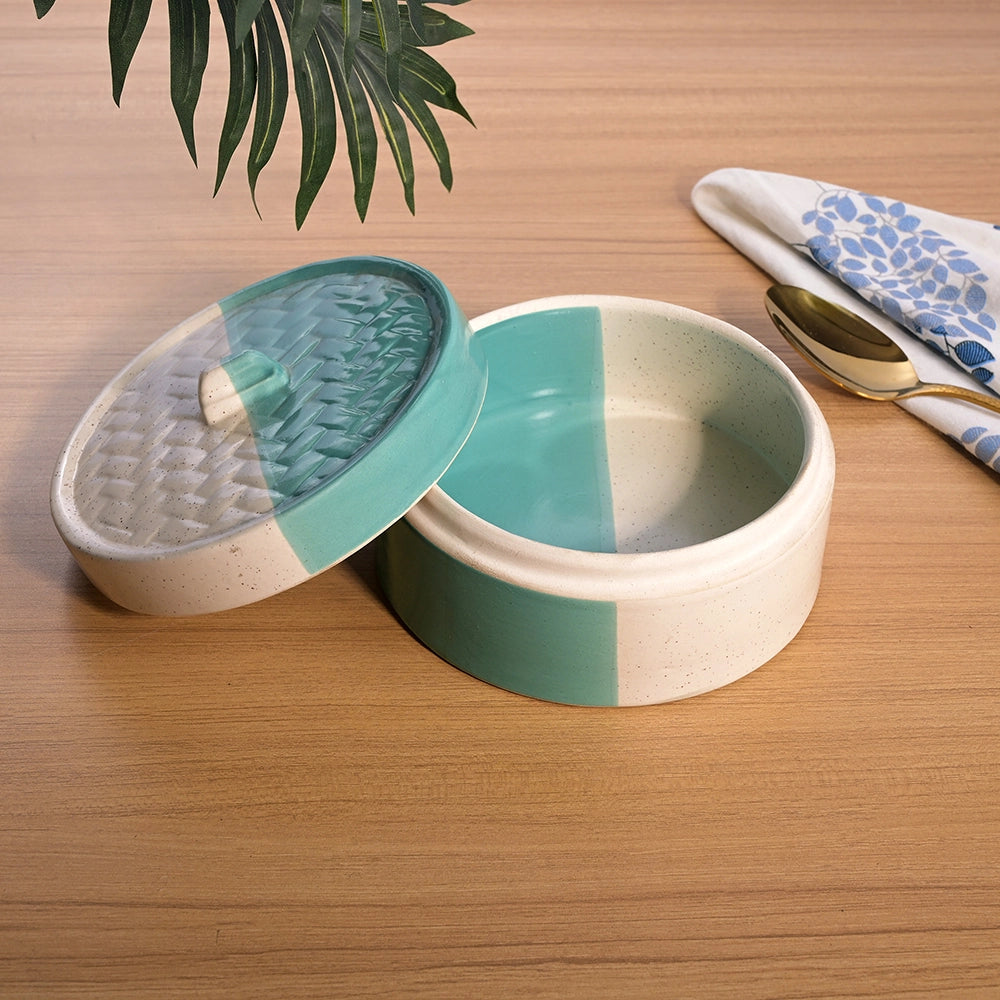 Stylish aqua casserole dish for serving hot meals