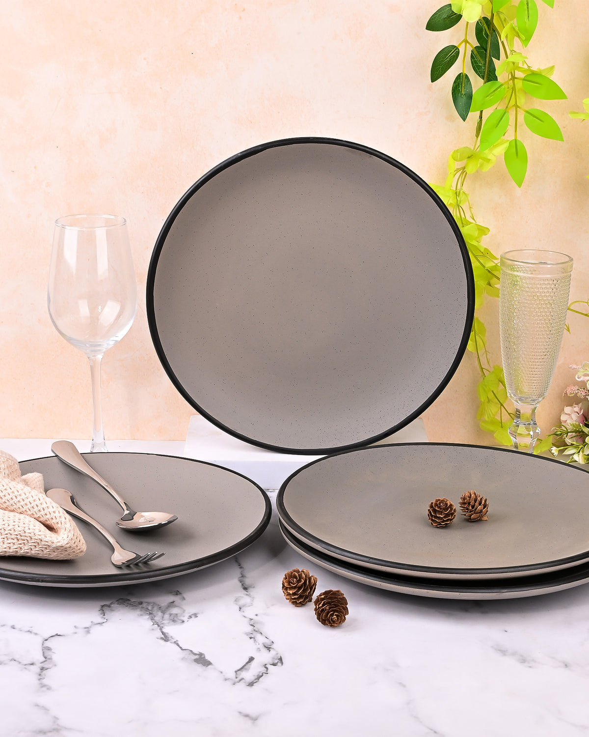 Black-rimmed grey dinner plates set of 4