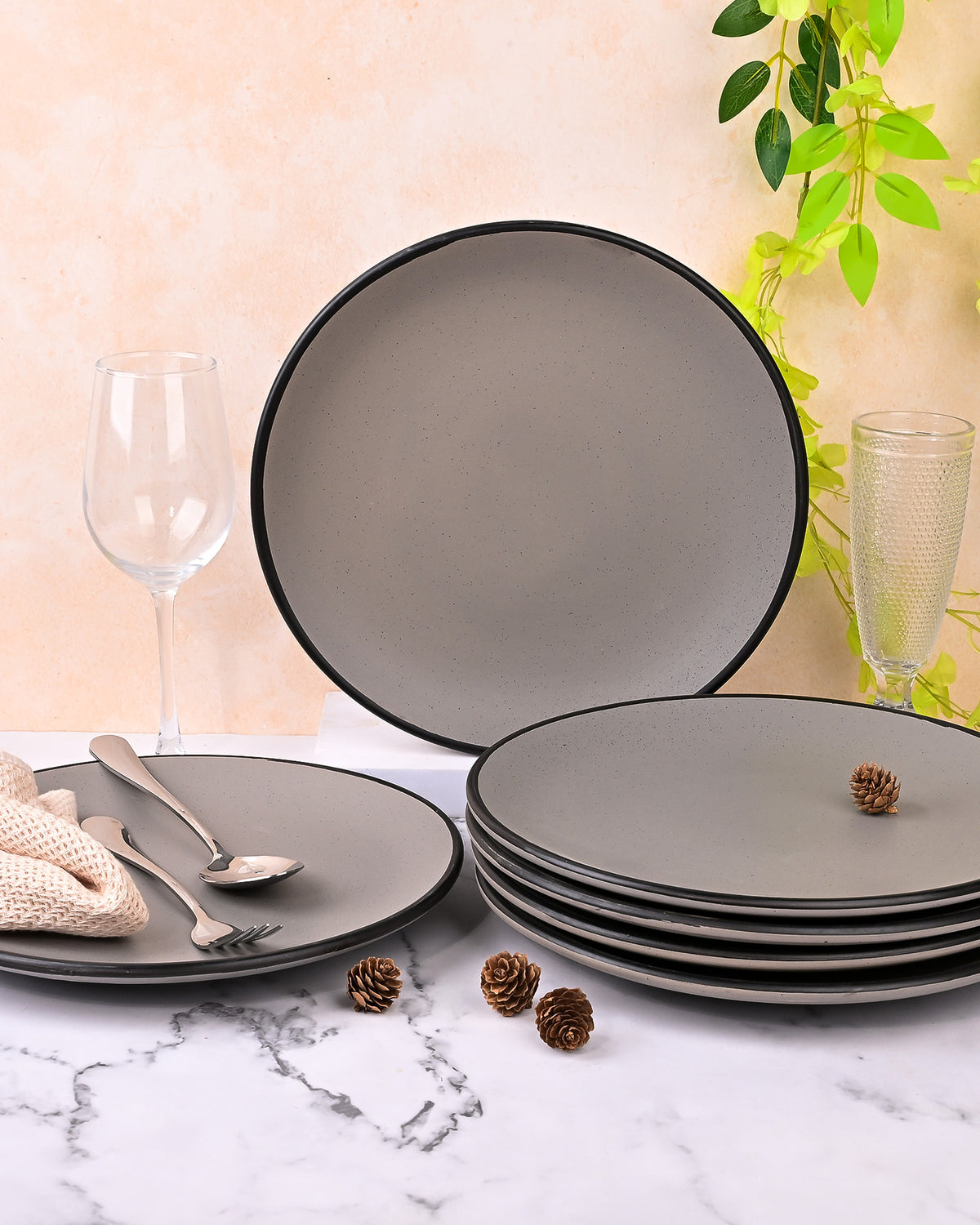 Black-rimmed grey dinner plates set of 6