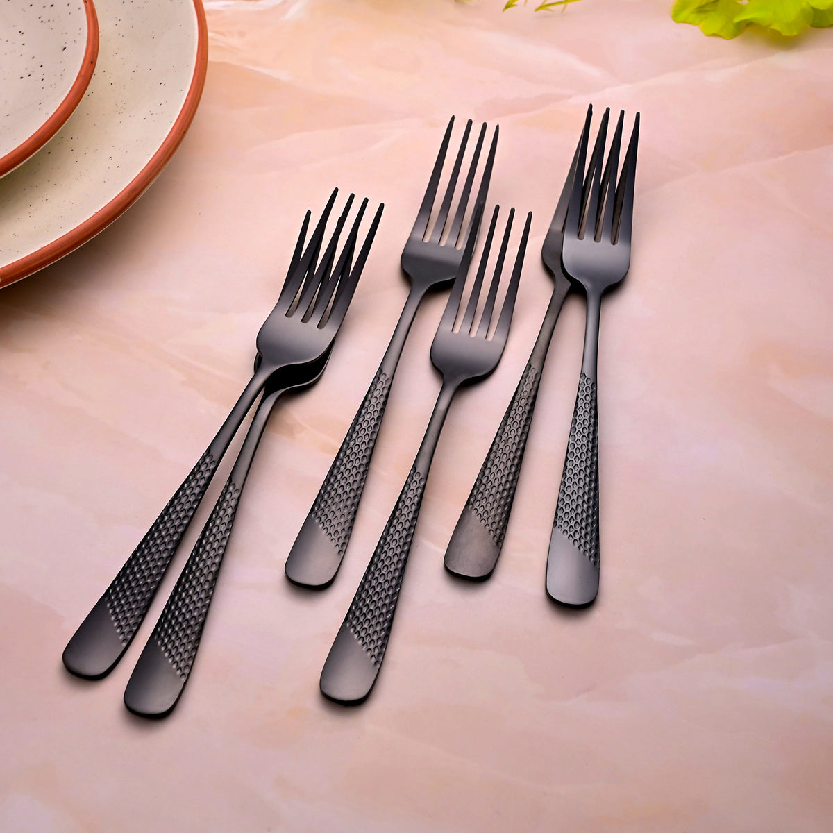 Black Flame Forks Set of 6 Displayed with Modern Tableware