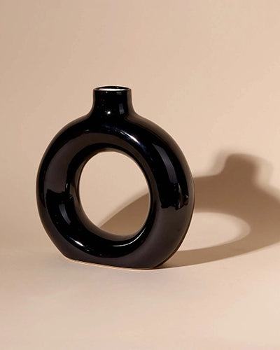 Sculptural black ring vase for modern home decoration