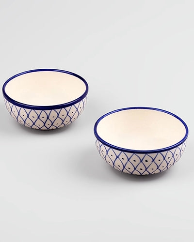 Blue abstract patterned ceramic bowls with glossy finish