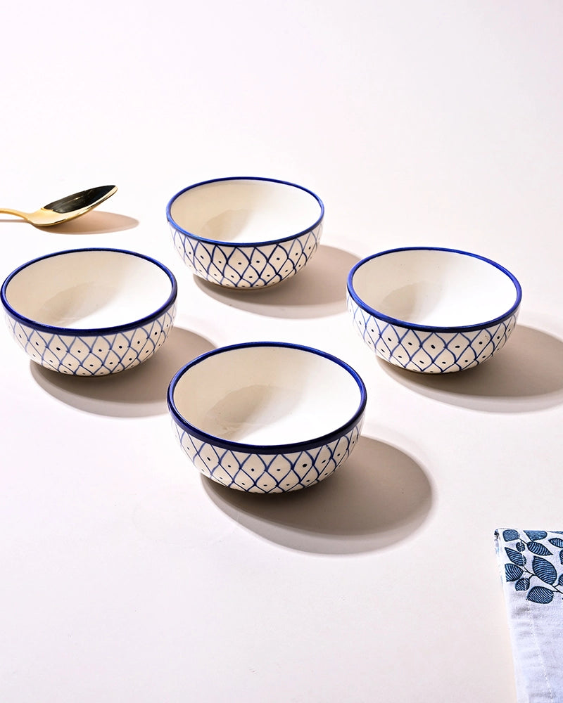 Set of 4 blue abstract printed ceramic glossy bowls