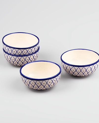 Blue abstract patterned ceramic bowls with glossy finish