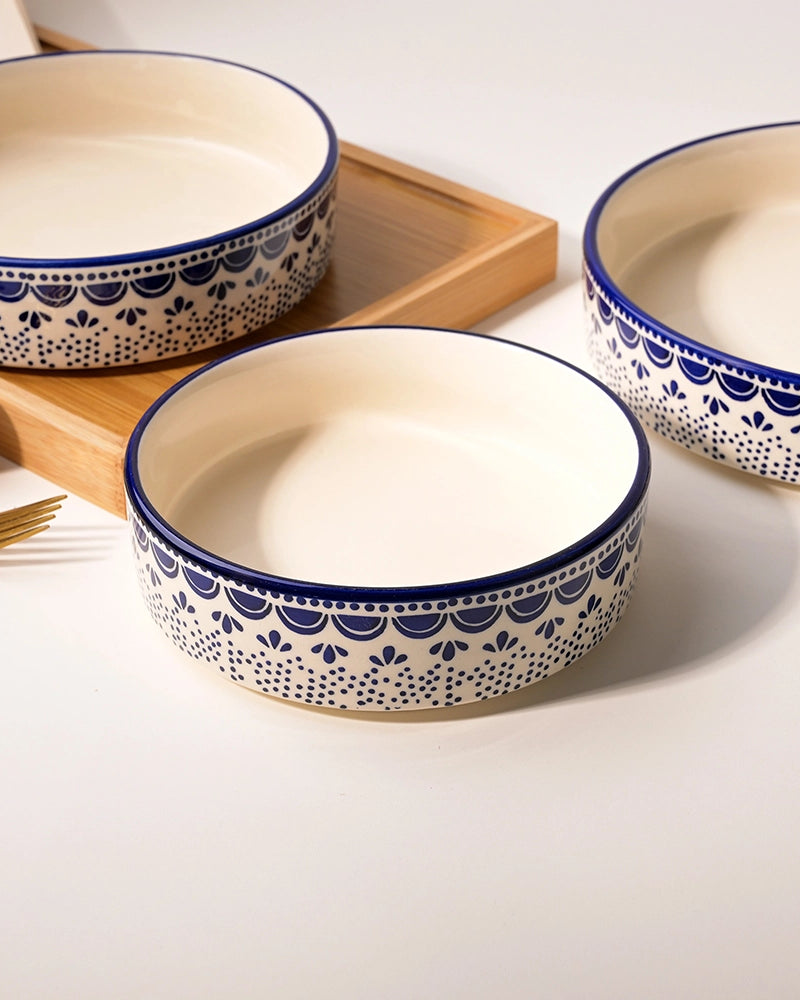 Set of three blue and white handcrafted bowls