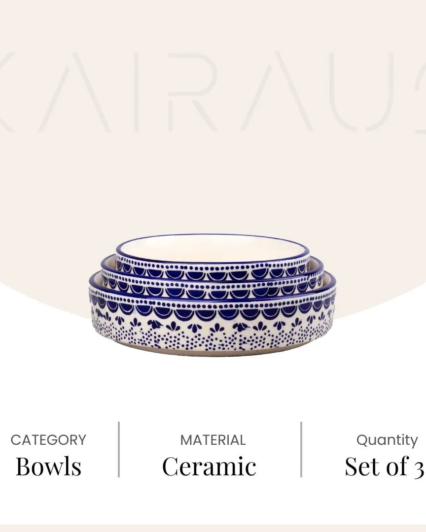 Three-piece blue and white bowl set
