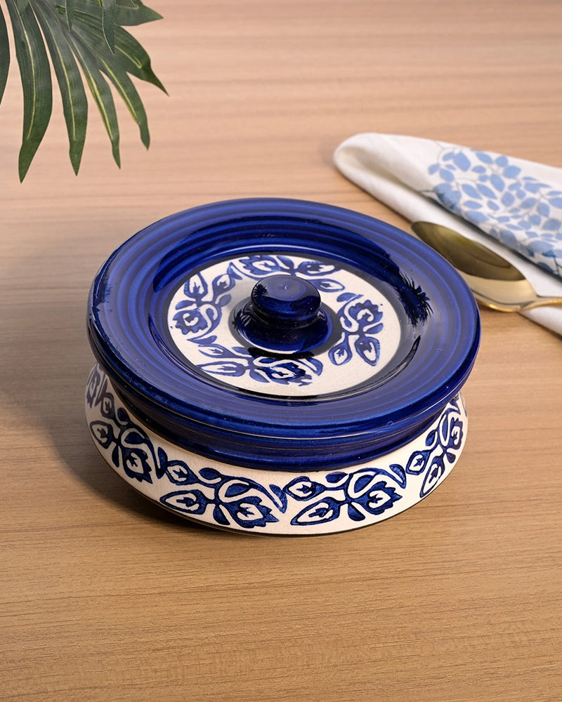 Blue leaf print ceramic casserole with lid