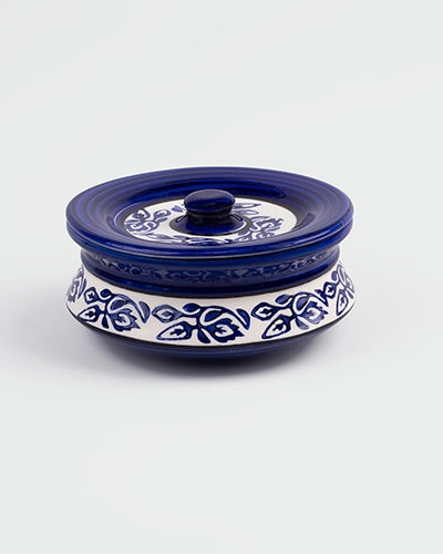 Blue leaf pattern ceramic casserole with lid