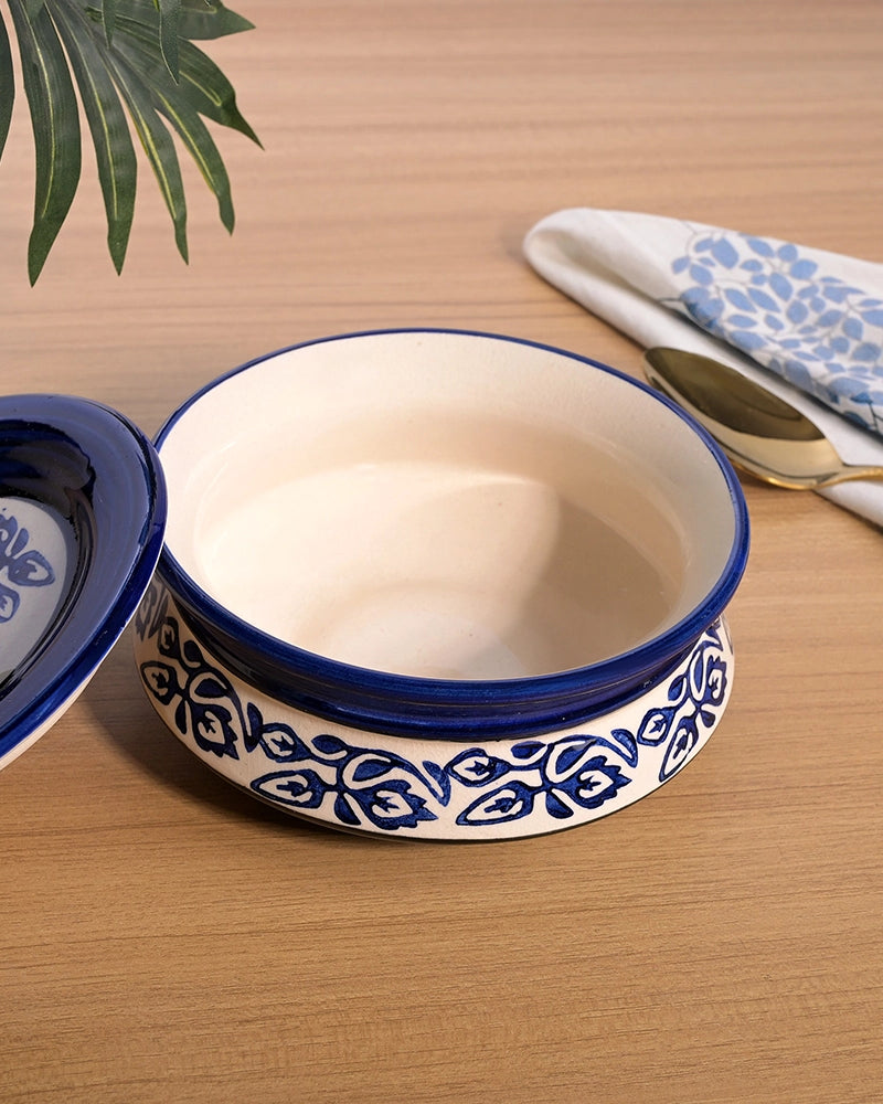 Ceramic casserole with blue leaf design