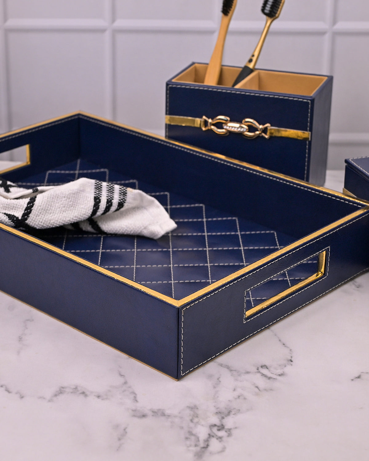 Luxury blue leather bathroom accessories for modern decor