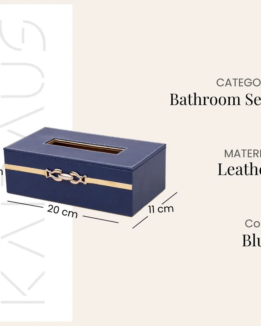 Decorative blue leather bath accessories with refined detailing