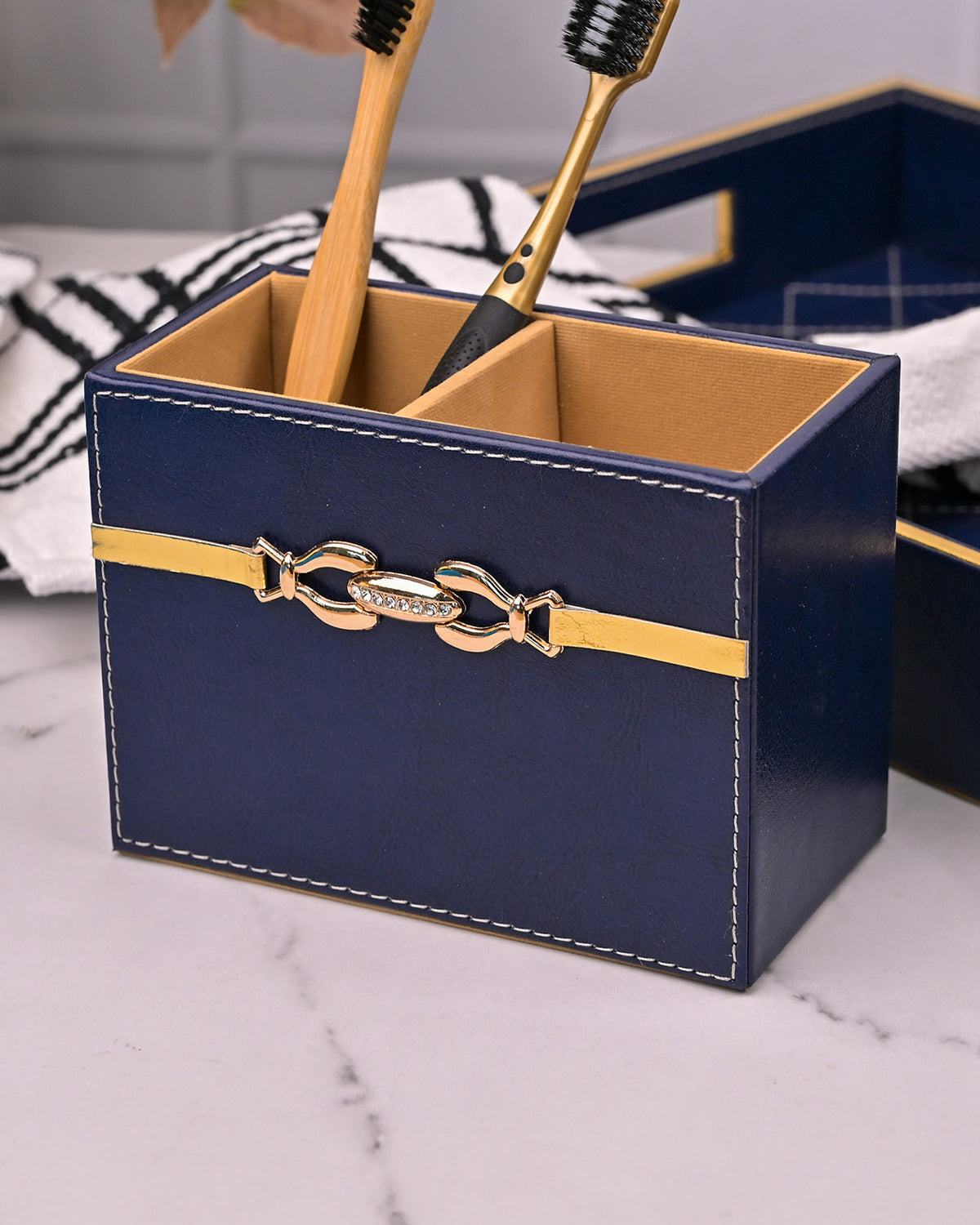 Modern blue leather bathroom essentials set for stylish spaces