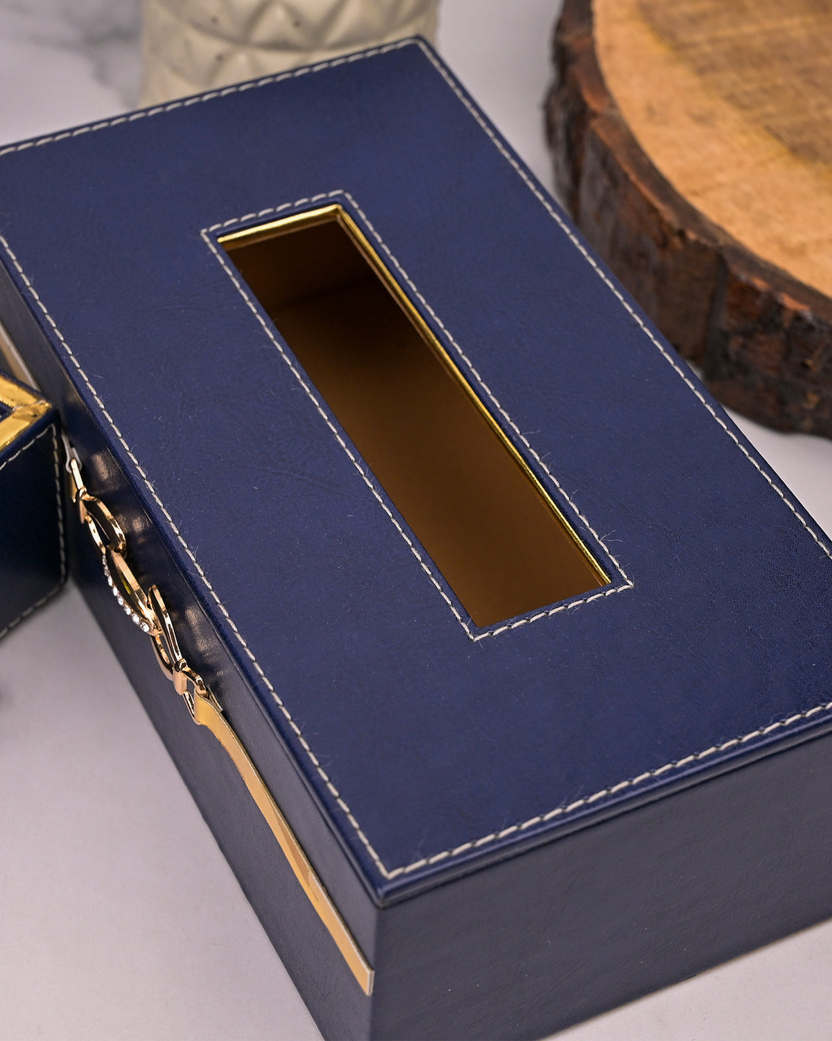 Sophisticated blue leather bathroom accessory collection