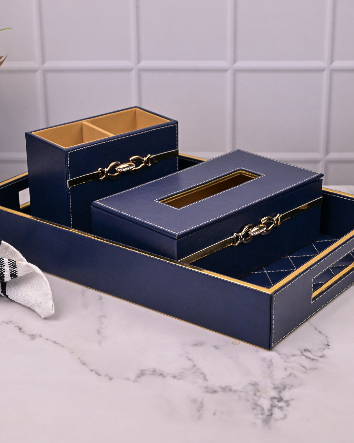 Luxury blue leather vanity set with coordinated accessories