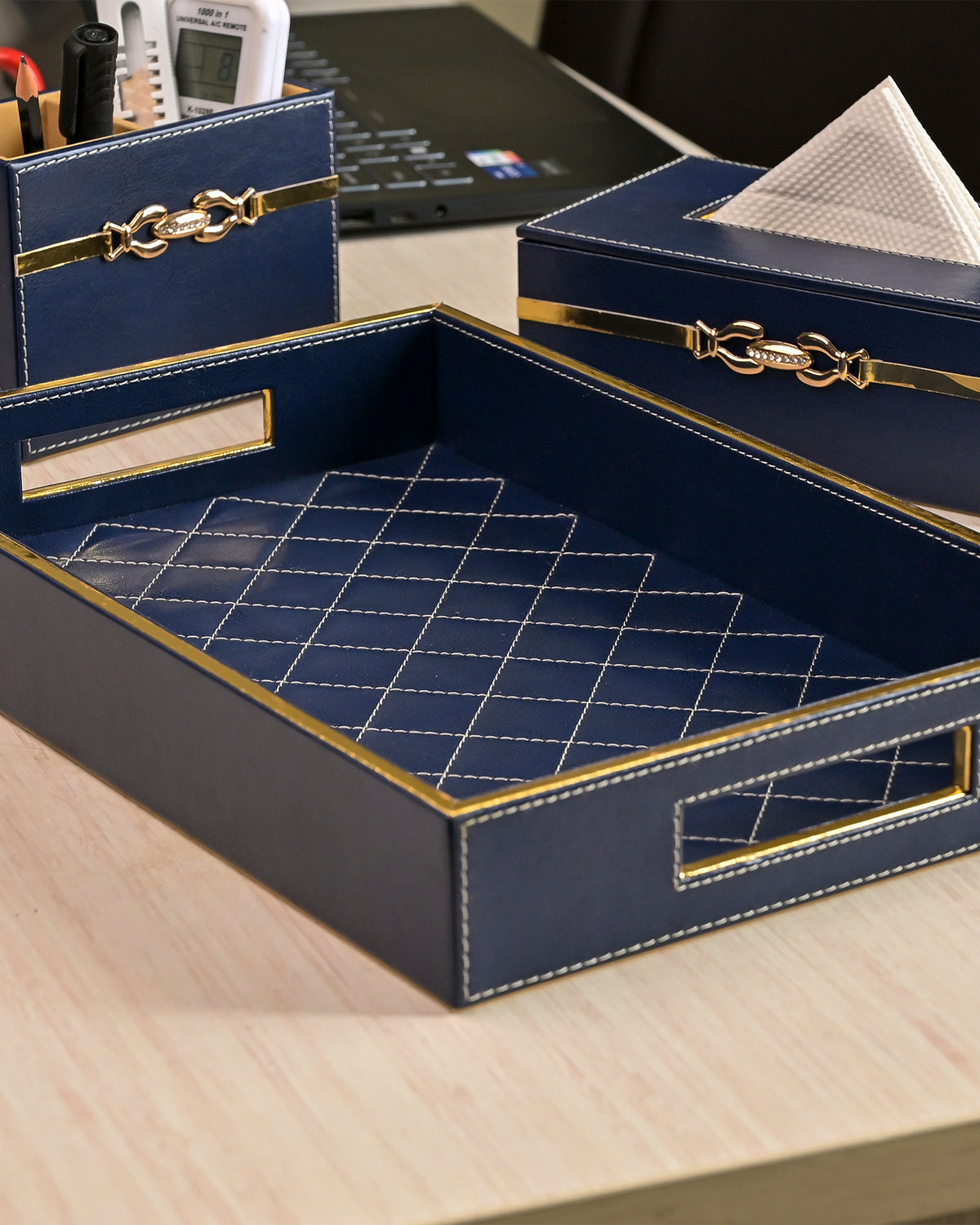 Elegant blue leather desk organiser set with compartments