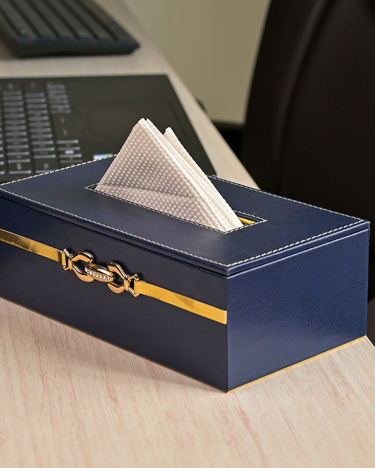 Decorative blue leather desk accessory set