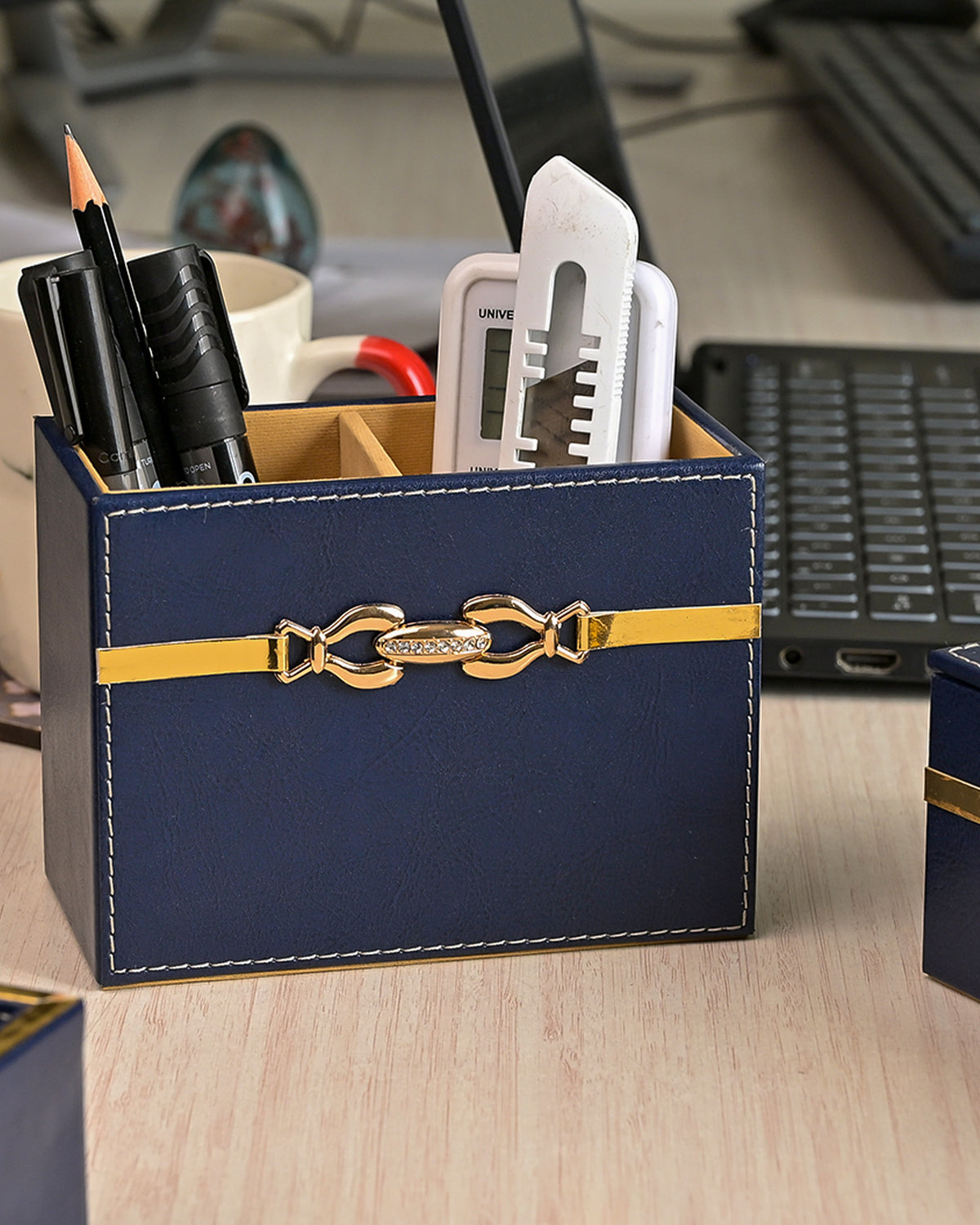 Professional blue leather desktop organiser with storage
