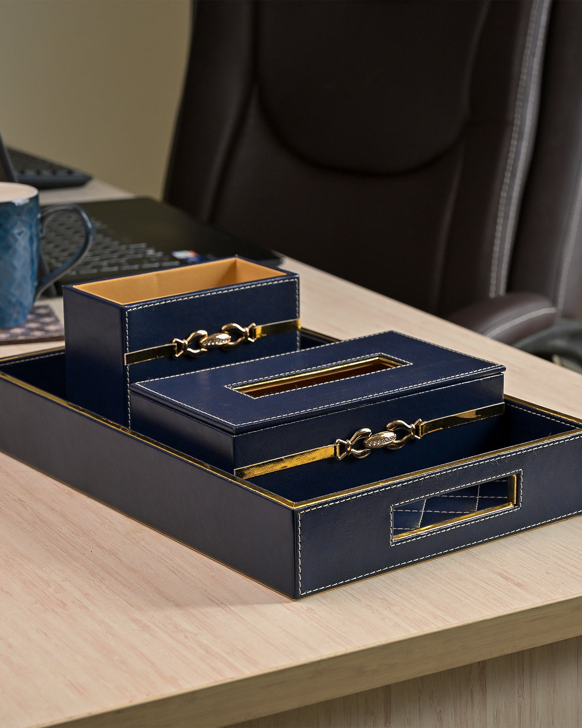 Compact blue leather desk storage organiser set