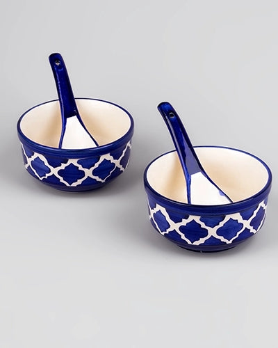 Elegant blue soup bowls with spoons set of two