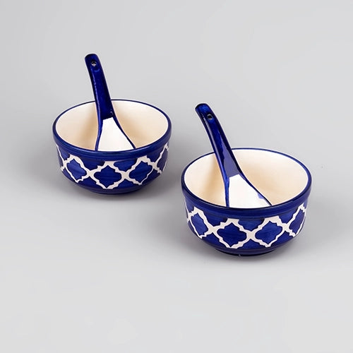 Elegant blue soup bowls with spoons set of two