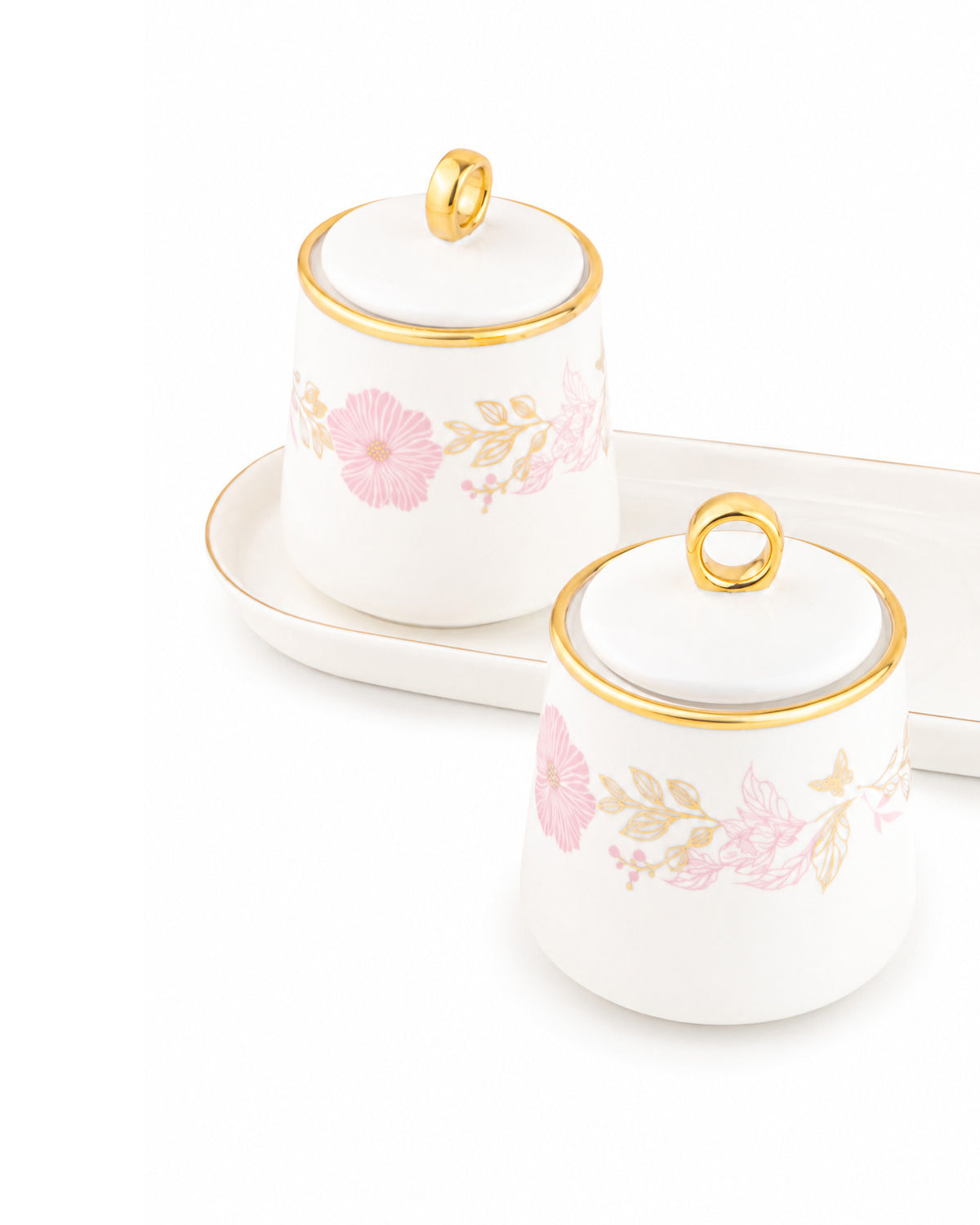 Blush gold condiment jars with tray