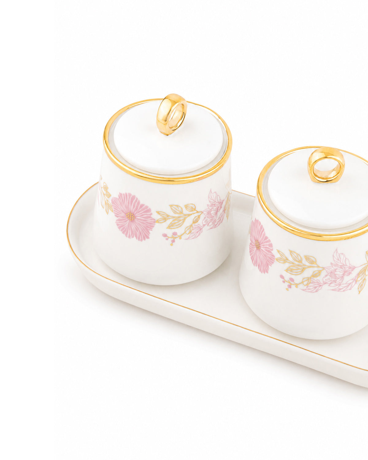 Stylish condiment jars with gold tray