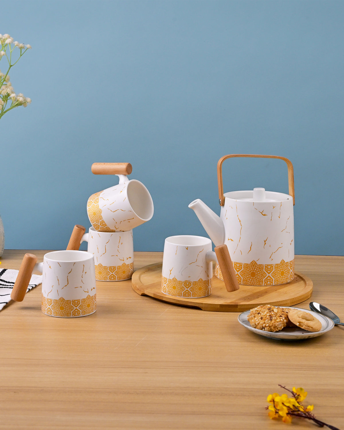 Elegant White Tea Set with Bronze Decorative Accents