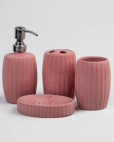 Glossy ceramic bathroom accessories set with striped pattern