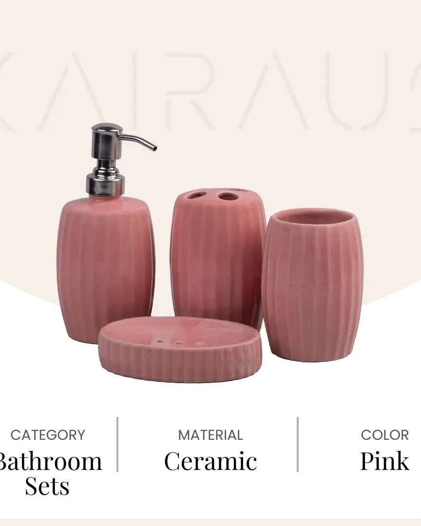 Sophisticated ceramic bath accessory set with striped detailing