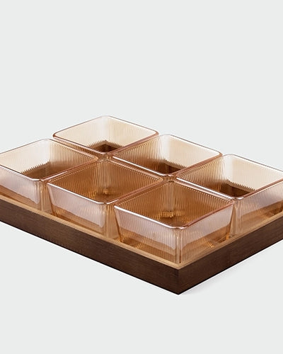 Brown glass serving bowl and tray set