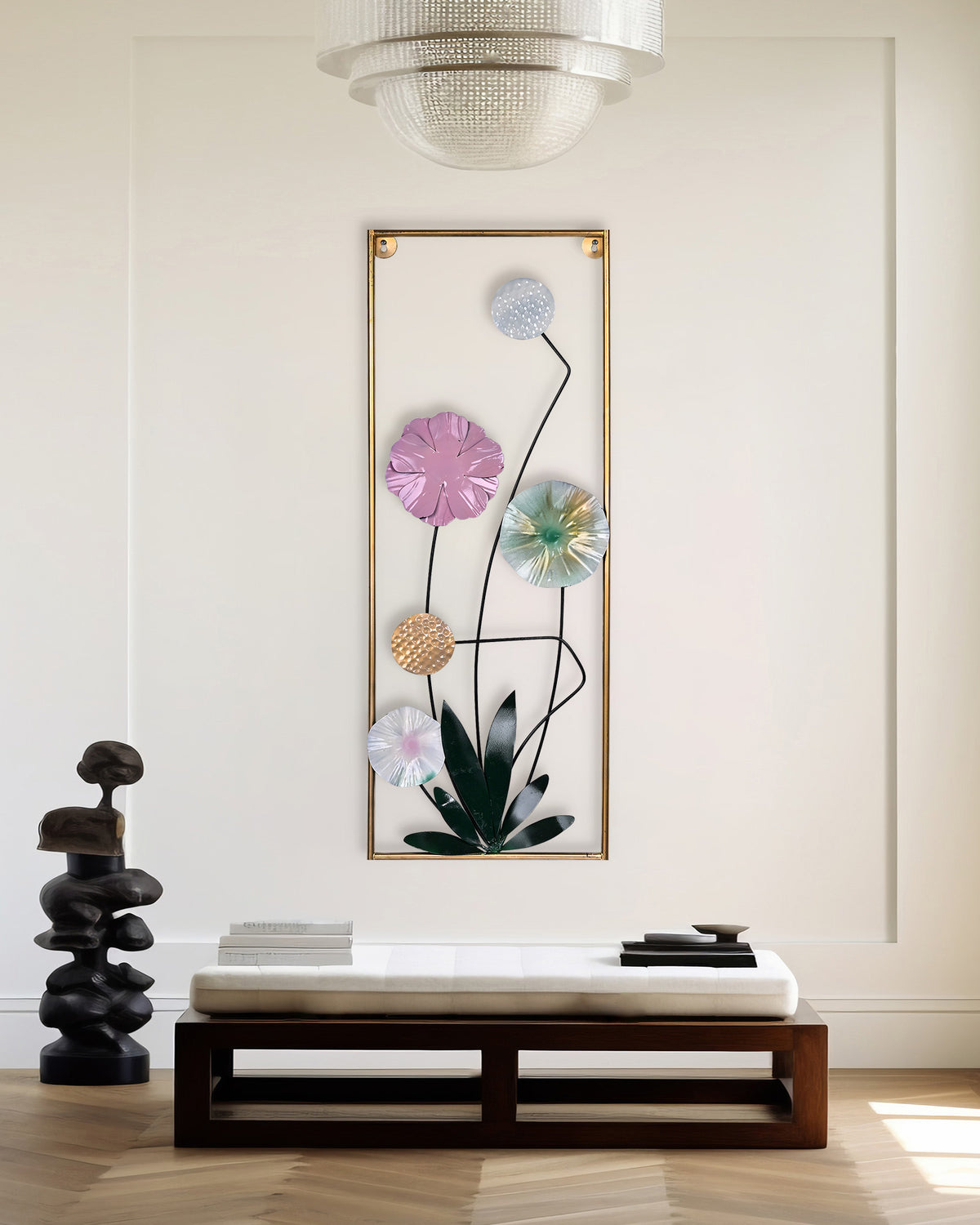 Elegant metal wall decor featuring intricate floral designs