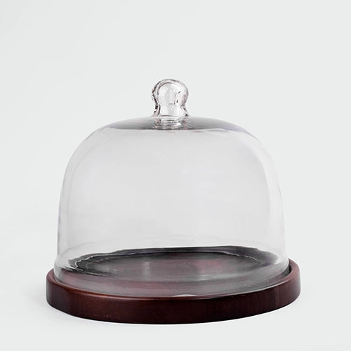 Large glass cloche with natural wood base