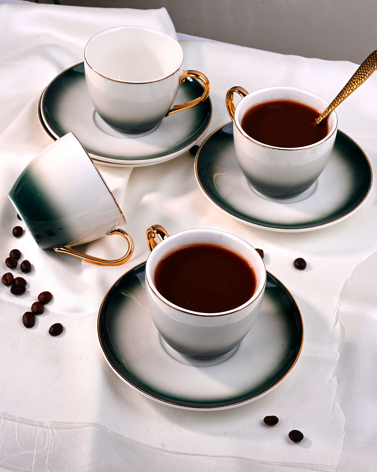 Opulent Gold Trim Cup and Saucer Set of 4 Side View – Kairaus