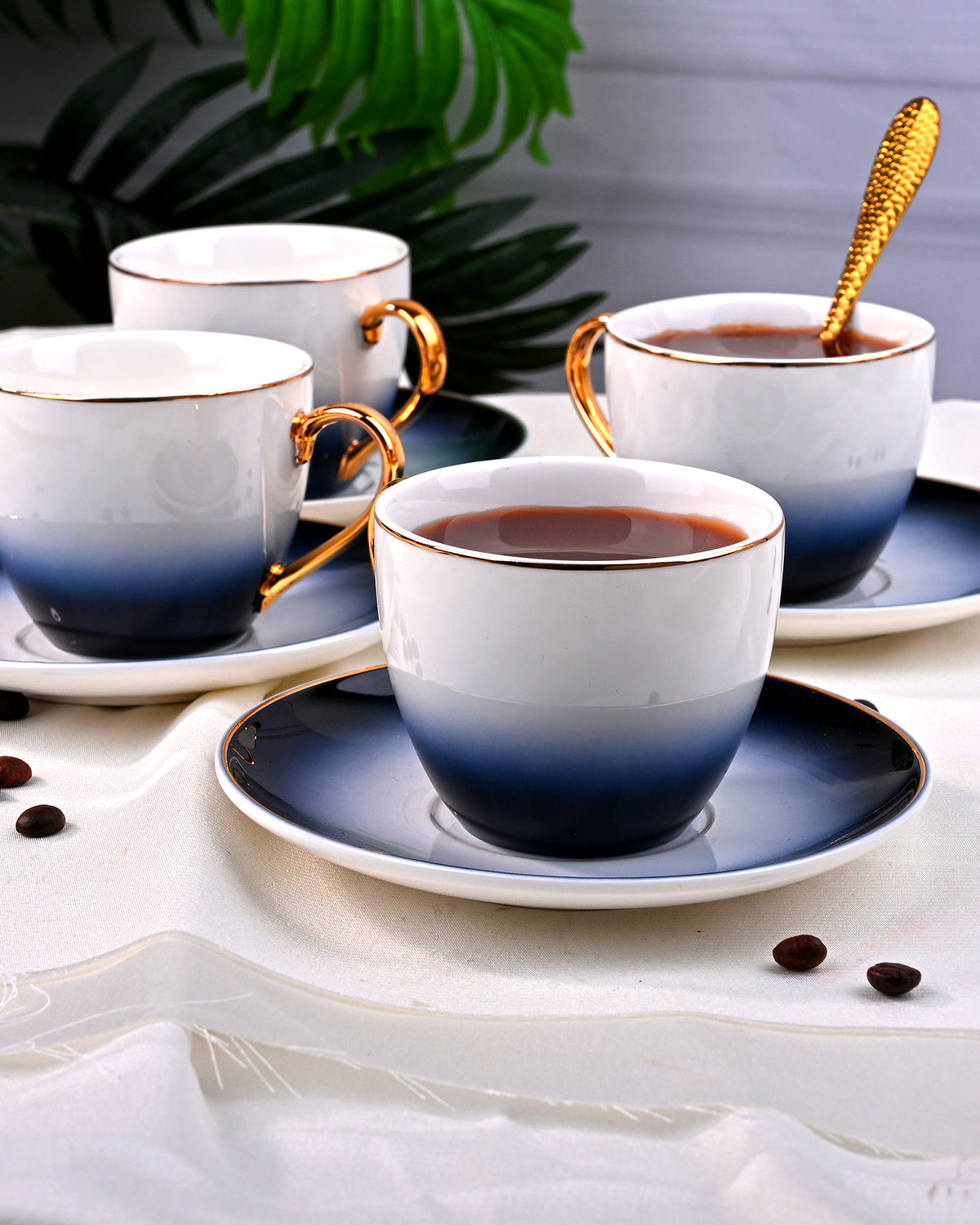 Luxury Blue Porcelain Tea Cup Set of 4