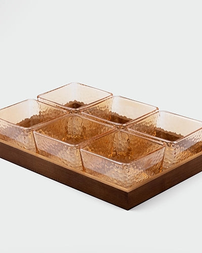 Square glass serving bowl set with tray