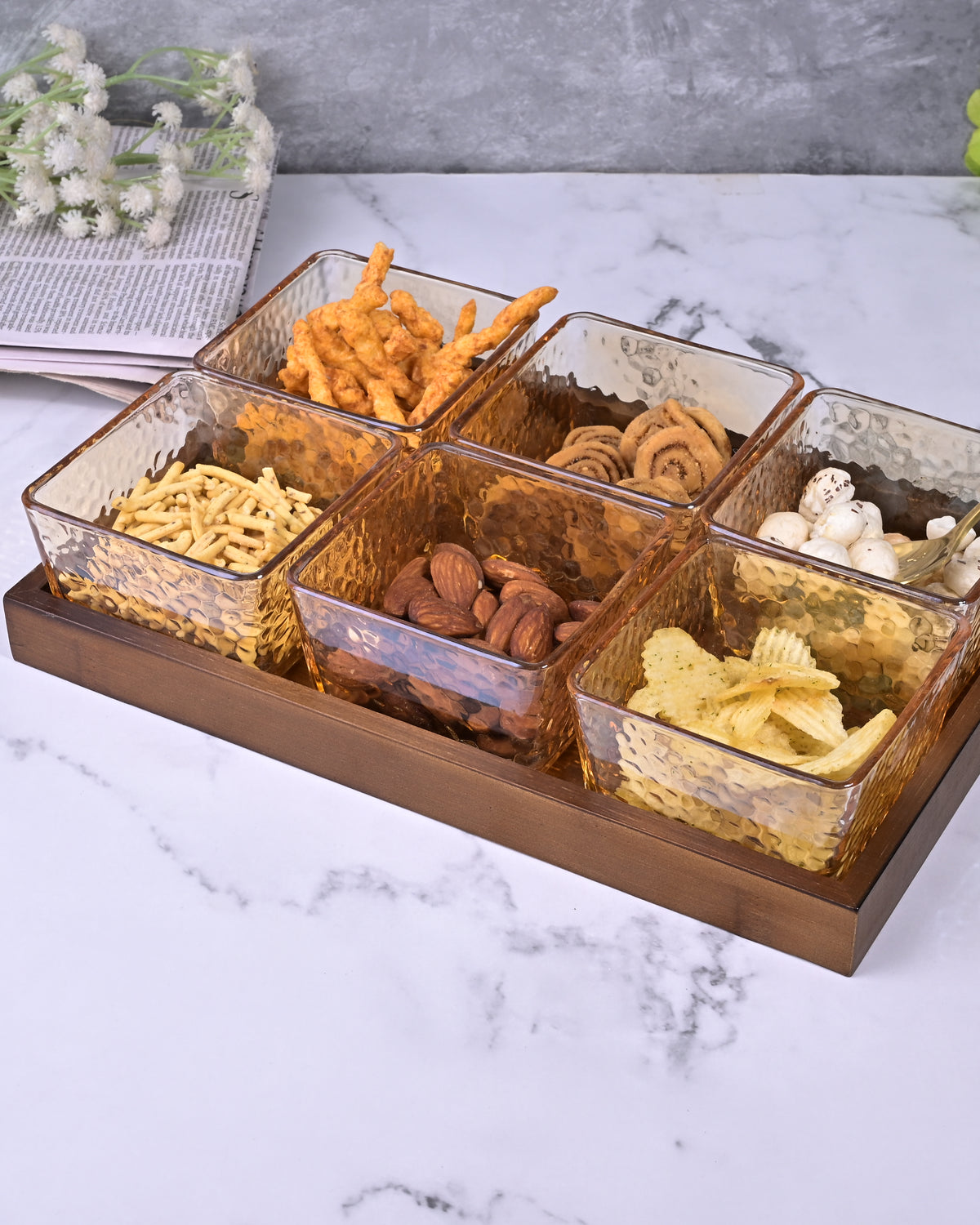Premium square glass serving bowls with tray
