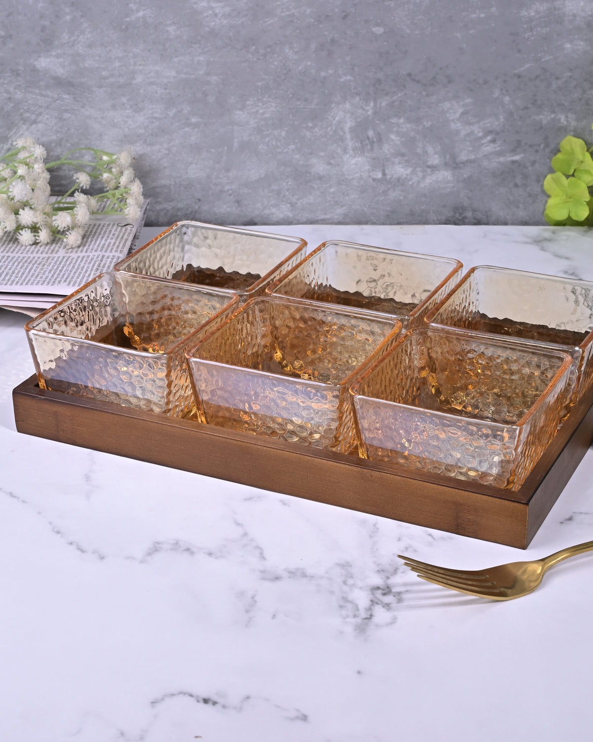Decorative glass serving bowls with matching tray