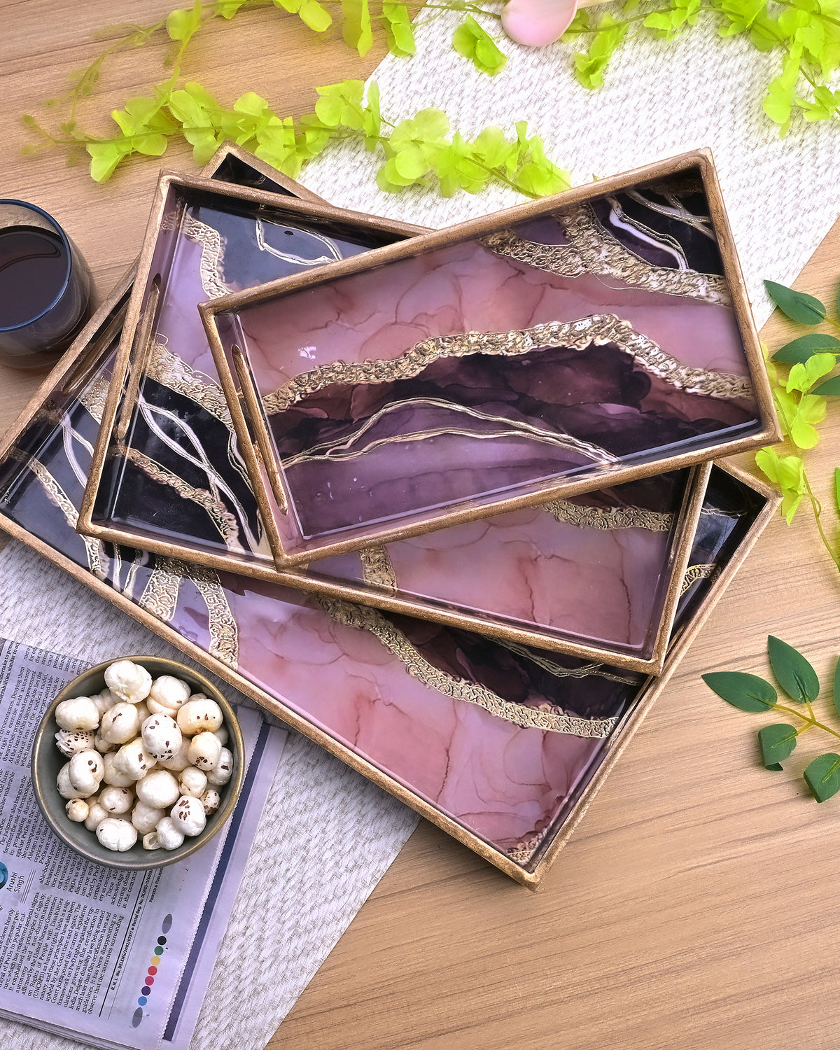 Three-piece marble serving tray set for entertaining