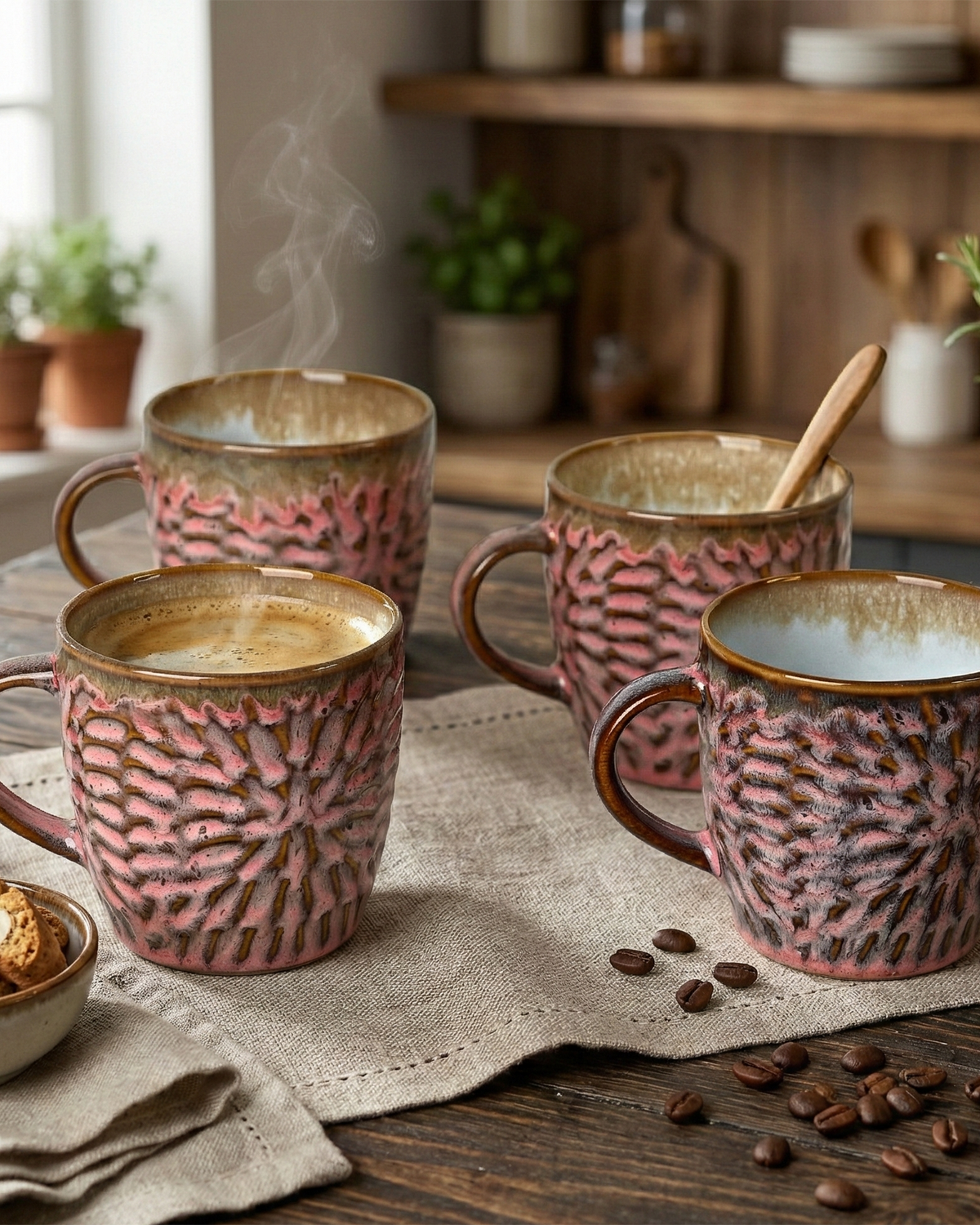 Dusty Rose Pink Ceramic Tea Cup Set of 4