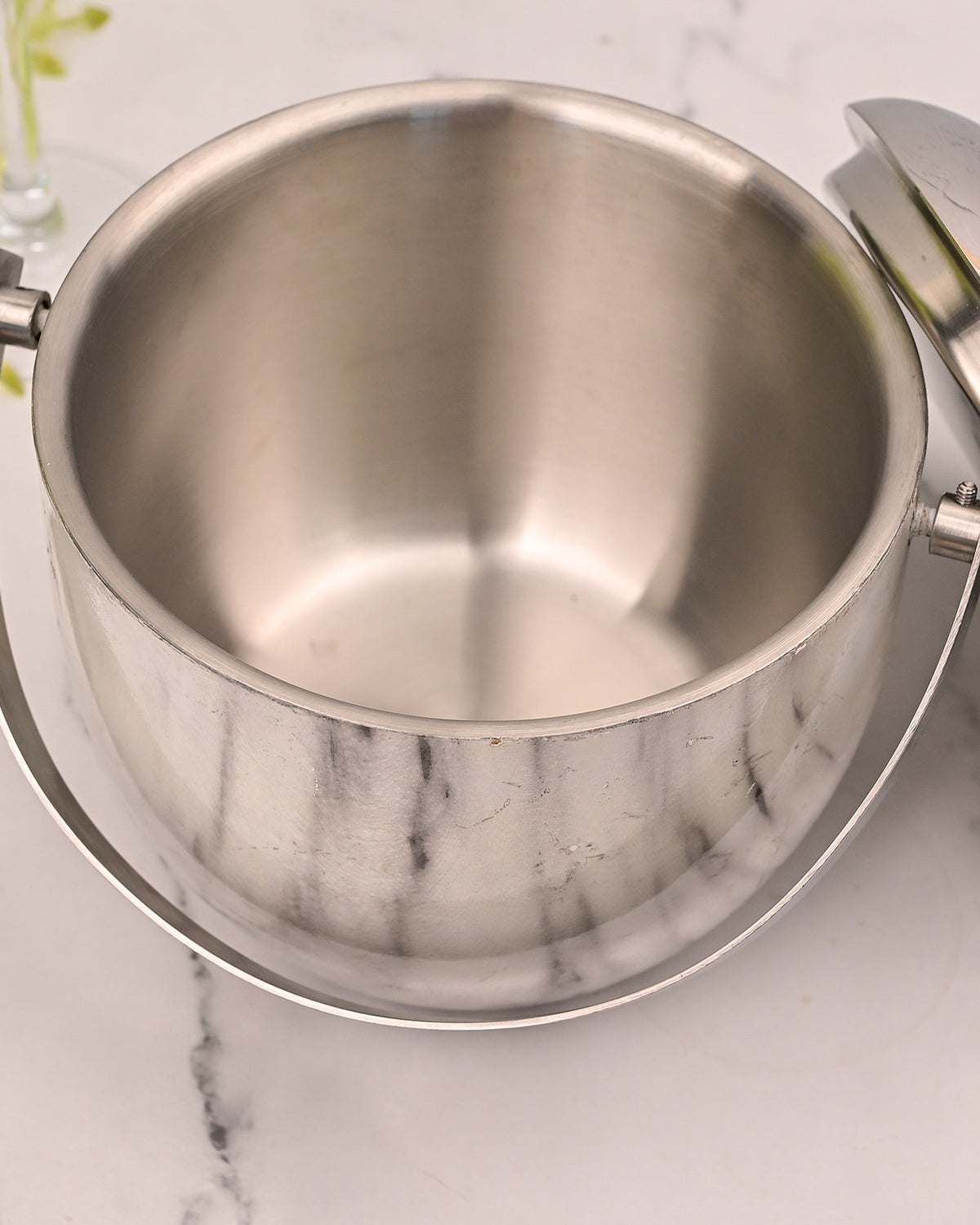 Close-Up of Elegant Steel Ice Bucket Showing Surface Details