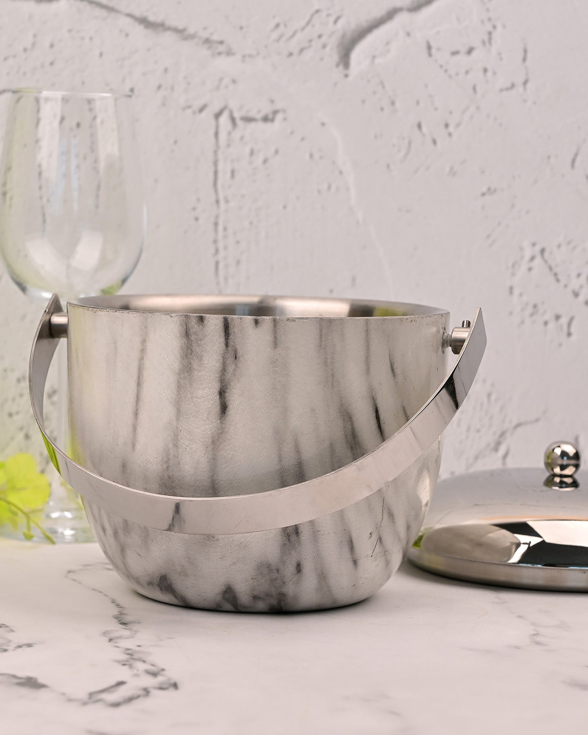 Elegant Steel Ice Bucket Styled for a Home Bar Setup