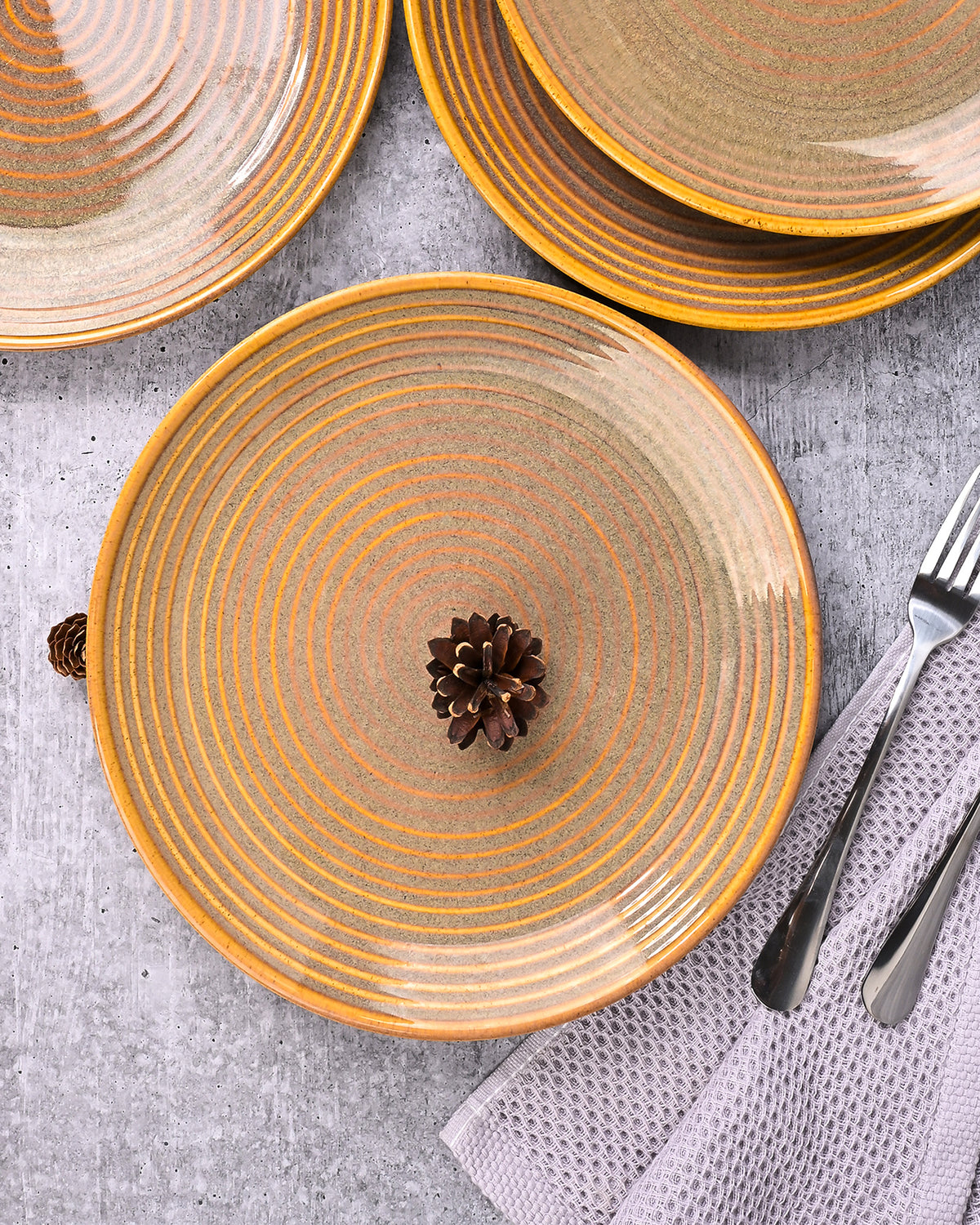 Set of 4 brown spiral design dinner plates